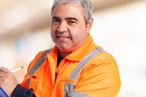portrait of a worker writing on a paper portrait of a worker writing on a paper